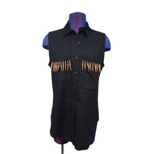 Vintage Alexander Campbell Black Western Fringed Linen Sleeveless Top Size 6